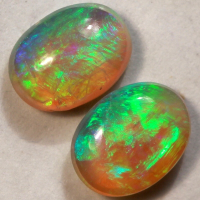 SOLID CRYSTAL OPALS Matching pair, 3D pattern. Bright green fire sparkles